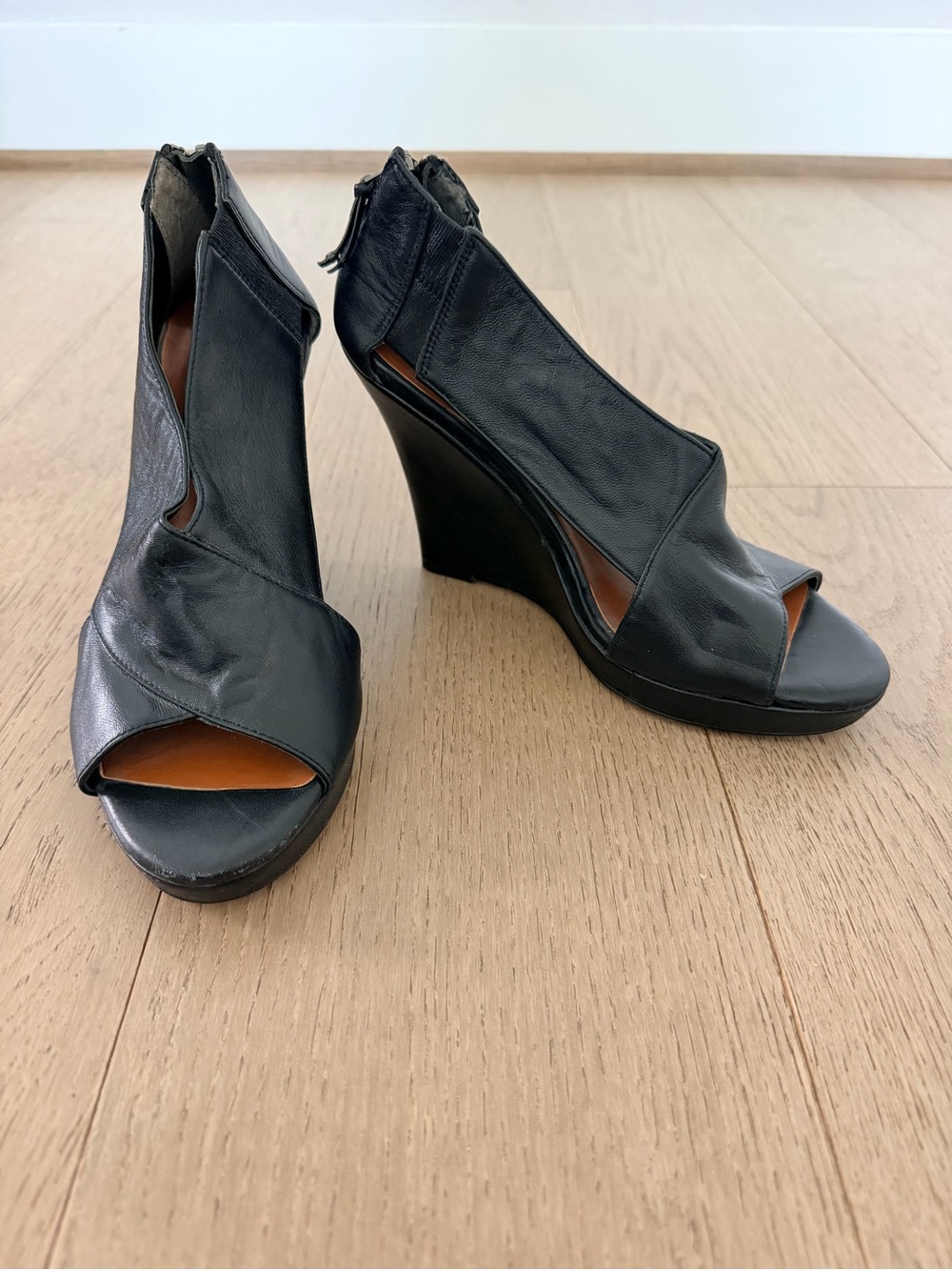 Halogen Black Leather Open-Toe Wedge Booties